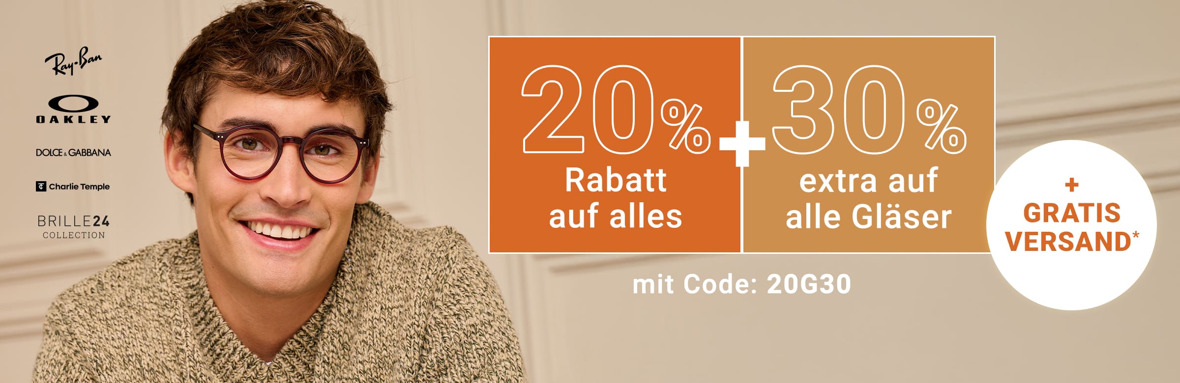 20% Rabatt auf alles + 30% extra auf alle Gläser + Gratis-Versand mit Code 20G30