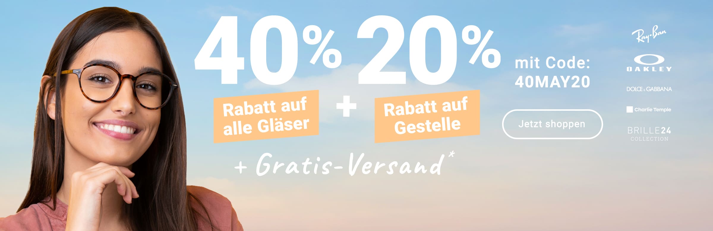 40% Rabatt auf alle Gläser + 20% Rabatt auf Gestelle + Gratis-Versand (inklusive Markenbrillen) - mit Code: 40MAY20