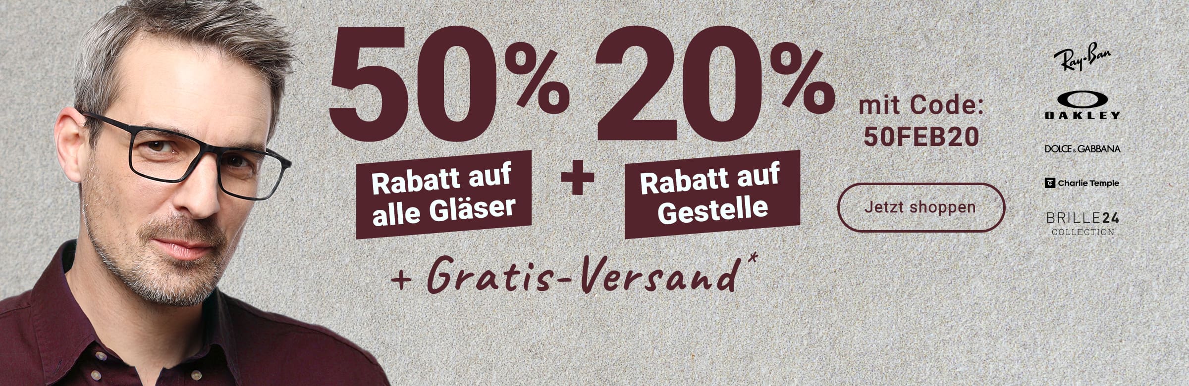 50% Rabatt auf alle Gläser + 20% Rabatt auf Gestelle + Gratis-Versand - mit Code: 50FEB20