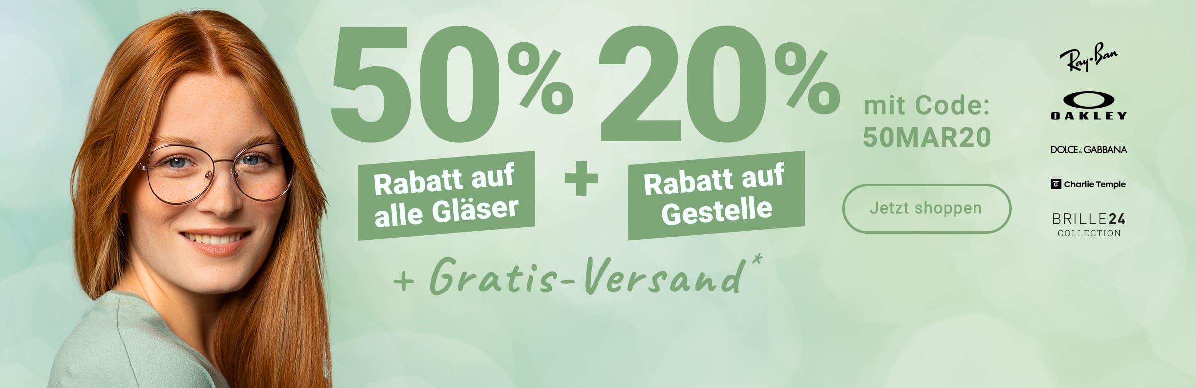 50% Rabatt auf alle Gläser + 20% Rabatt auf Gestelle + Gratis-Versand - mit Code: 50MAR20