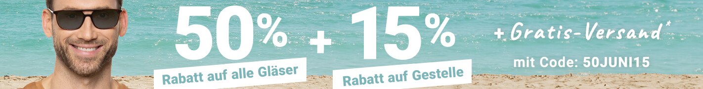 50% Rabatt auf alle Gläser + 15% Rabatt auf Gestelle + Gratis-Versand (inklusive Markenbrillen) - mit Code: 50JUNI15