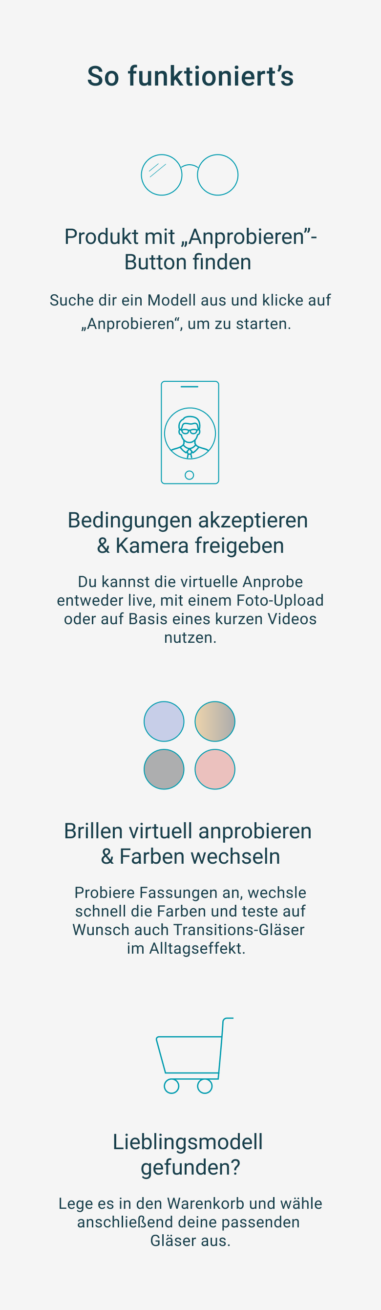 So funktioniert's: 1. Produkt mit "Anprobieren"-Button finden. 2. Bedingungen akzeptieren & Kamera freigeben. 3. Brillen virtuell anprobieren & Farben wechseln. 4. Lieblingsmodell gefunden? Lege es in den Warenkorb und wähle passende Gläser aus.