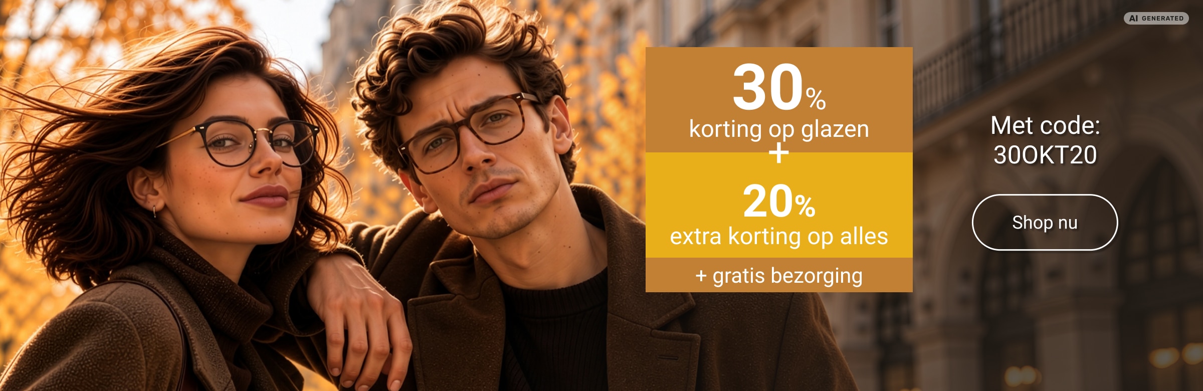 30% korting op glazen + 20% extra korting op alles + gratis bezorging met code: 30OKT20