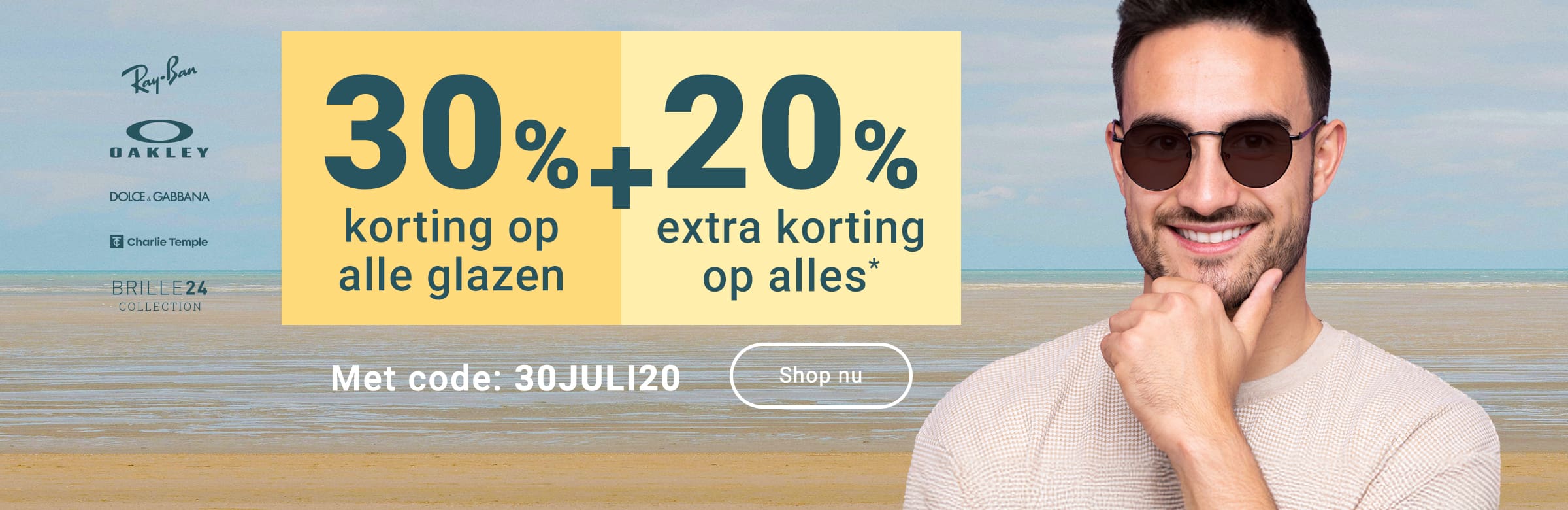 30% korting op alle glazen + 20% extra korting op alles (inclusief merkbrillen) - met code: 30JULI20
