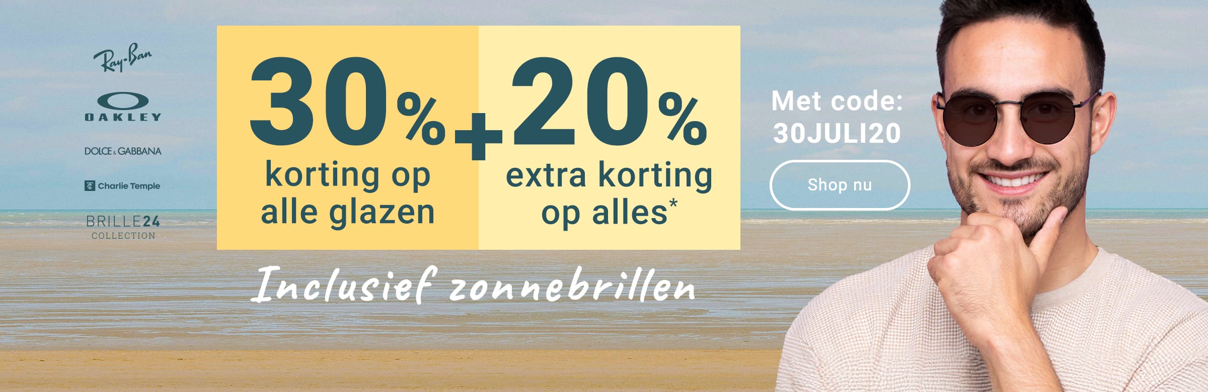 30% korting op alle glazen + 20% extra korting op alles (inclusief zonnebrillen) - met code: 30JULI20