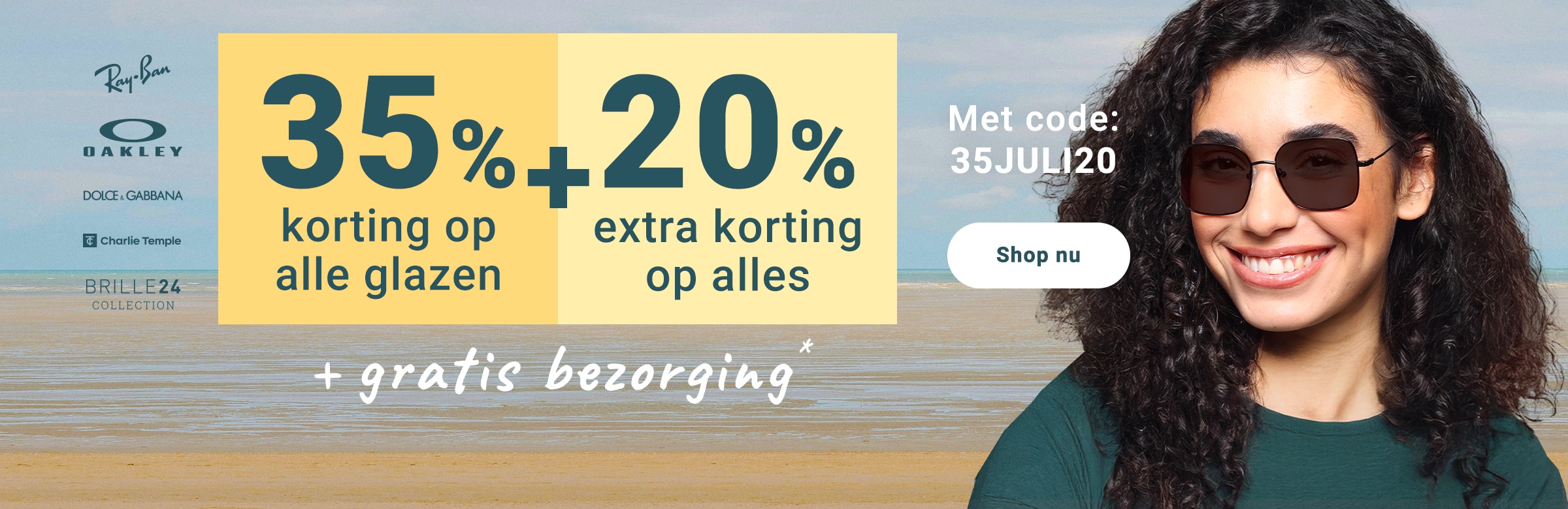 35% korting op alle glazen + 20% extra korting op alles (inklusief merkbrillen) + gratis bezorging - met code: 35JULI20