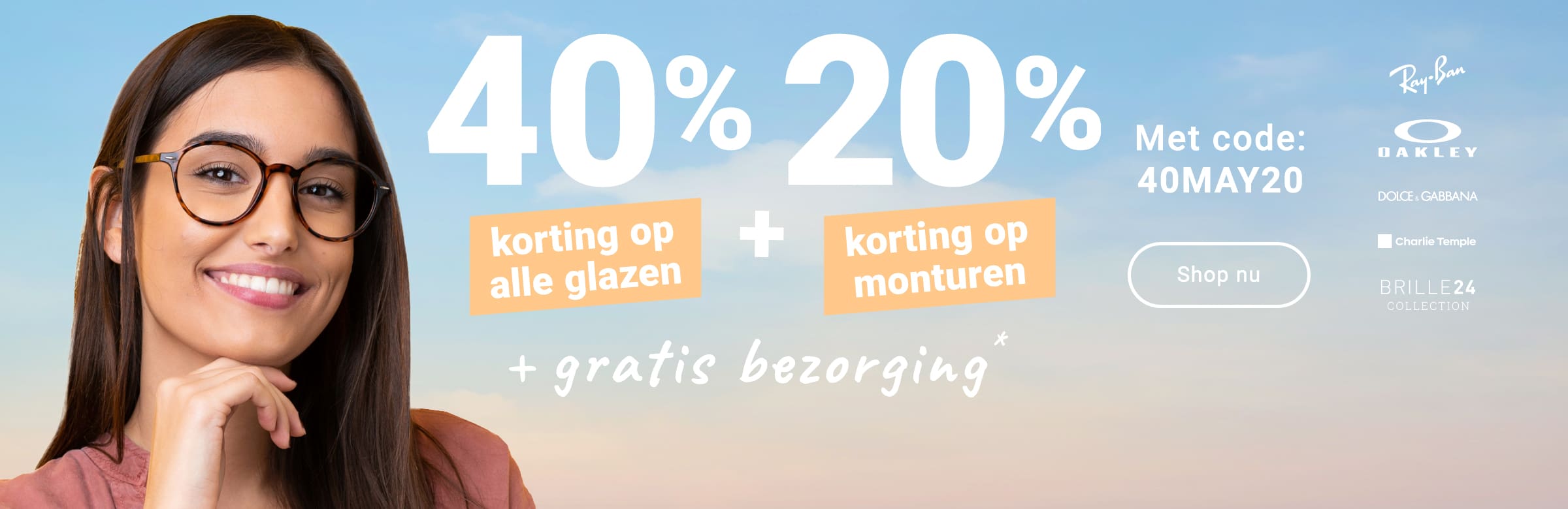 40% korting op alle glazen + 20% korting op monturen + gratis bezorging (inclusief merkbrillen) - met code: 40MAY20