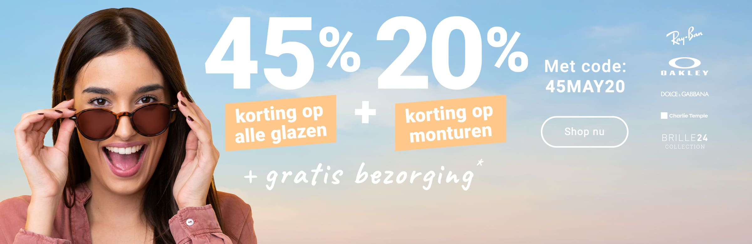 45% korting op alle glazen + 20% korting op monturen + gratis bezorging (inclusief merkbrillen) - met code: 45MAY20