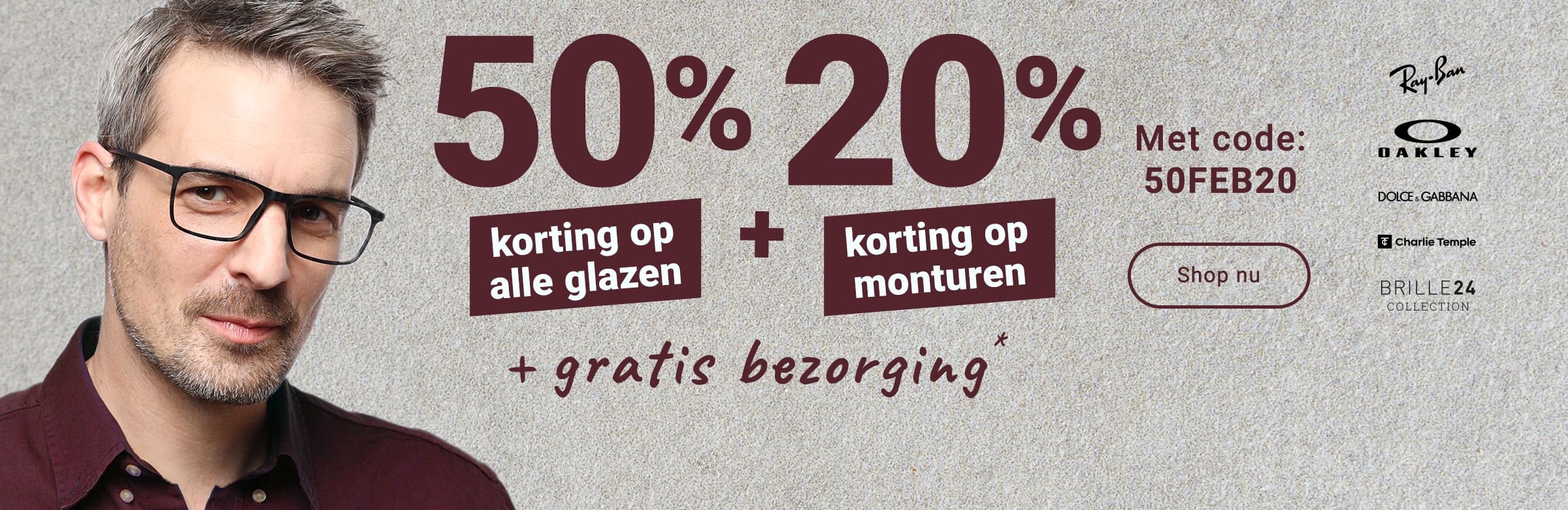 50% korting op alle glazen + 20% korting op monturen + gratis bezorging - met code: 50FEB20
