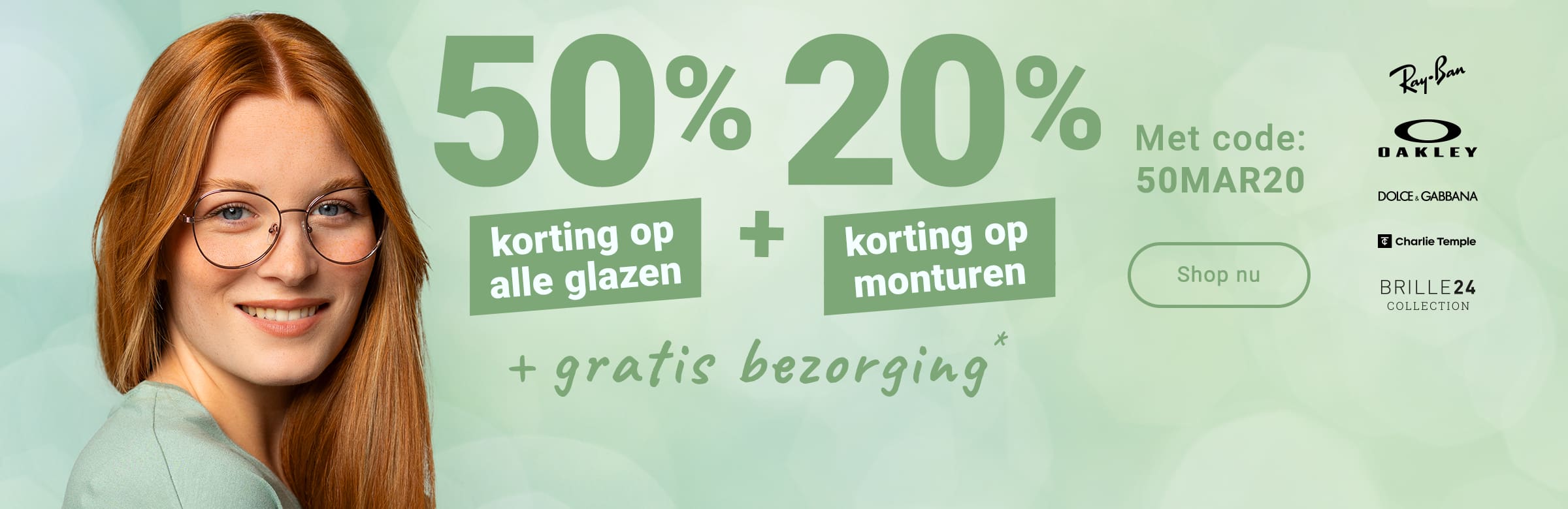 50% korting op alle glazen + 20% korting op monturen + gratis bezorging - met code: 50MAR20