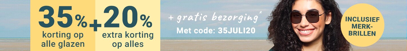 35% korting op alle glazen + 20% extra korting op alles (inklusief merkbrillen) + gratis bezorging - met code: 35JULI20
