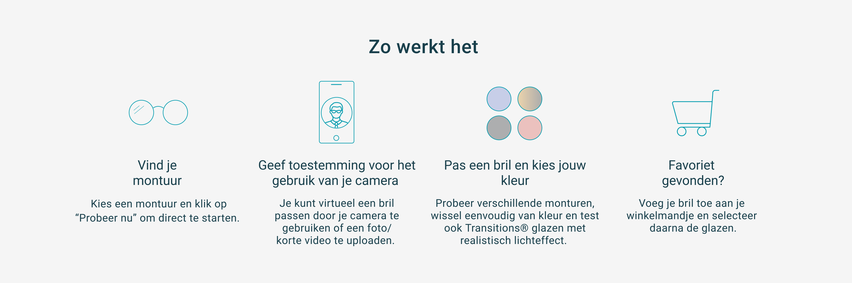 Zo werkt het: 1. Vind je montuur. 2. Geef toestemming voor het gebruik van je camera. 3. Pas een bril en kies jouw kleur. 4. Favoriet gevonden? Voeg je bril toe aan je winkelmandje en selecteer glazen.