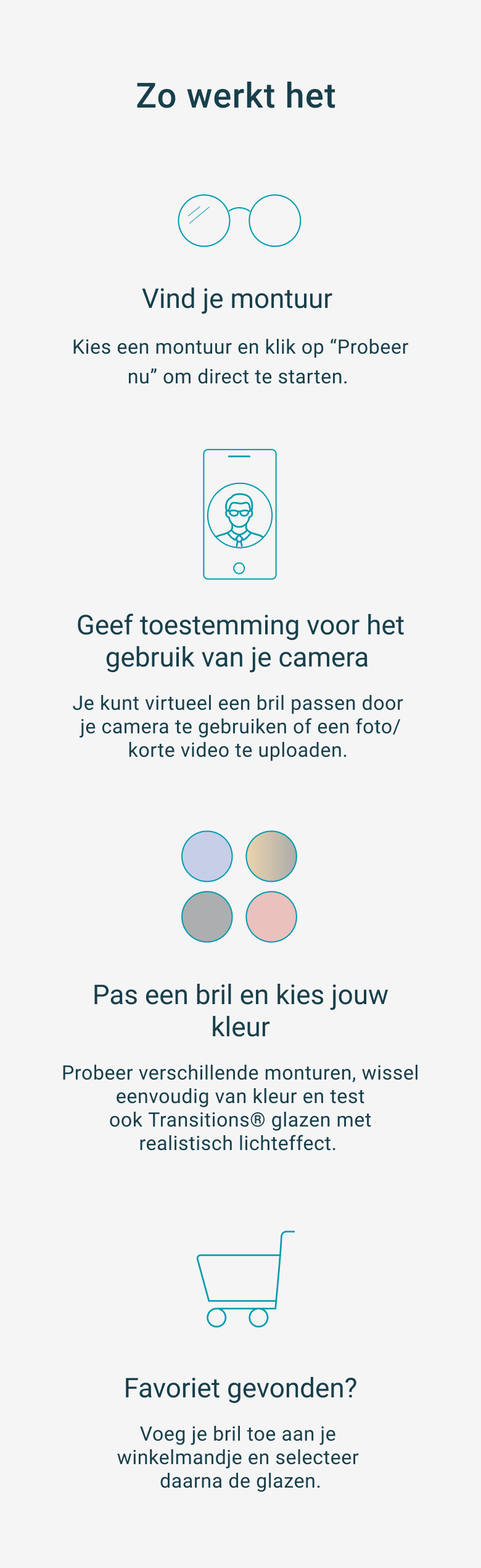 Zo werkt het: 1. Vind je montuur. 2. Geef toestemming voor het gebruik van je camera. 3. Pas een bril en kies jouw kleur. 4. Favoriet gevonden? Voeg je bril toe aan je winkelmandje en selecteer glazen.