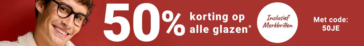 50% korting op alle glazen (inclusief merkbrillen) - met code: 50JE
